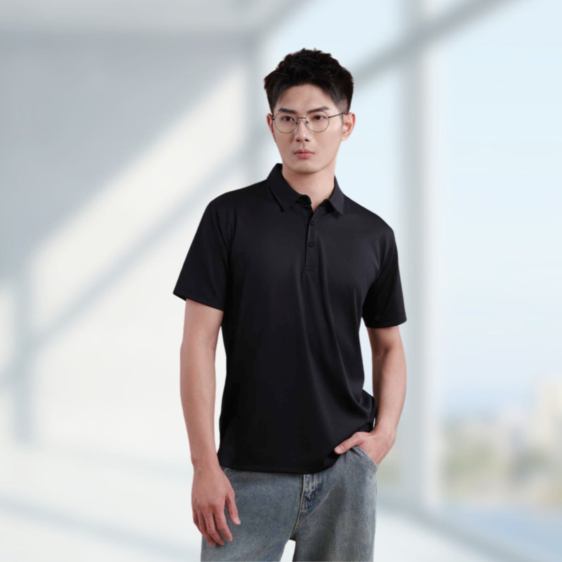Man wearing MF02 premium dry-fit polo shirt 170gsm in black – custom logo printing & embroidery Malaysia
