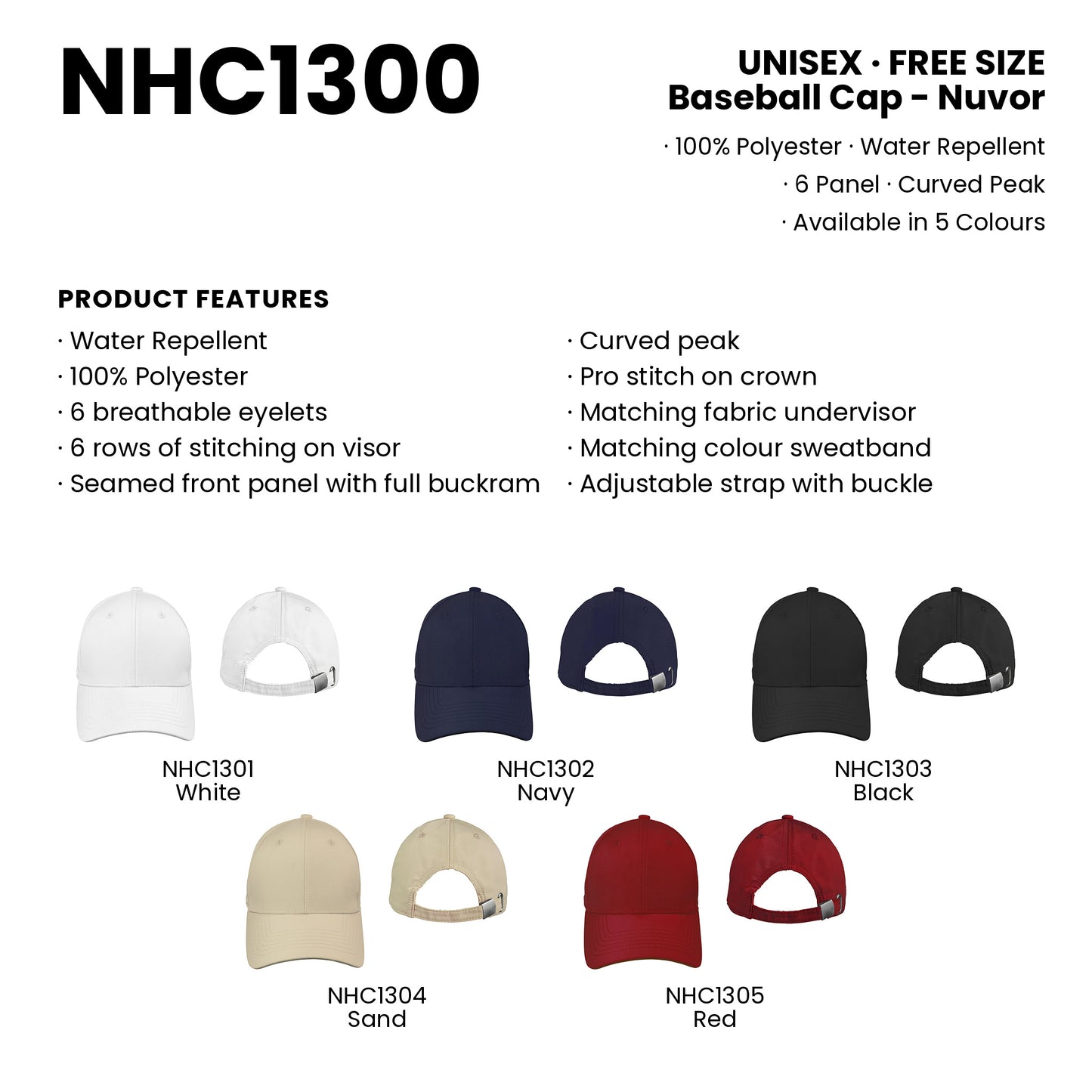 NHC1300 product features and all 5 colourways with codes and names