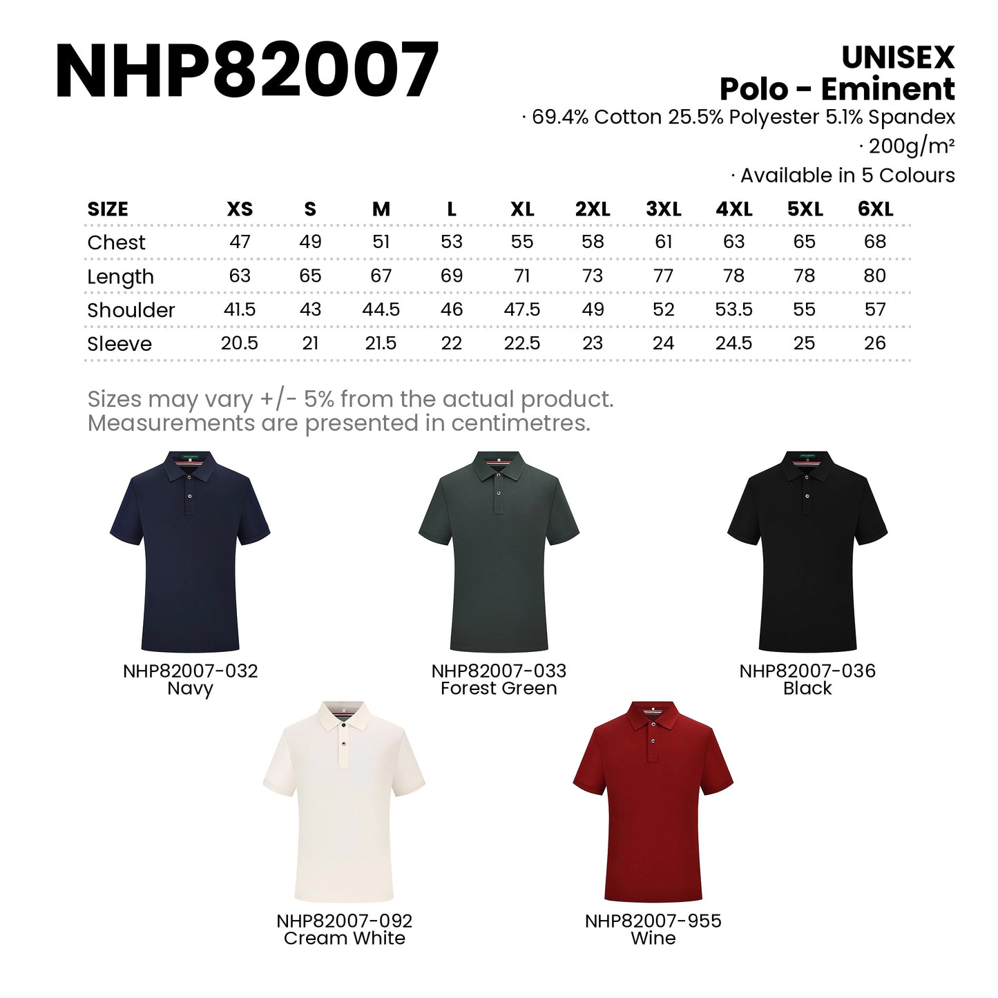 NHP82007 size chart from XS to 6XL with chest, length, shoulder and sleeve measurements in centimetres, plus all 5 colours