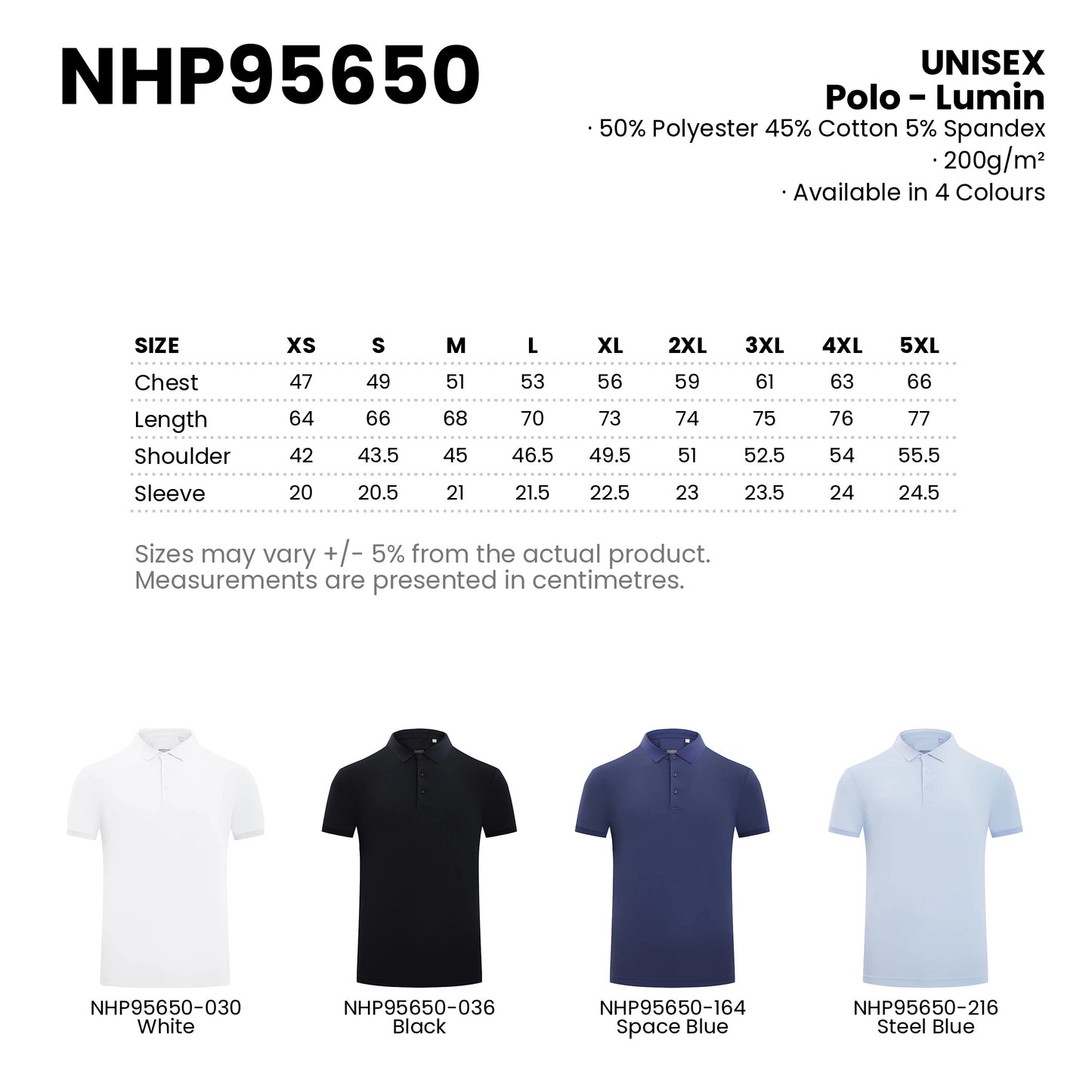 NHP95650 size chart from XS to 5XL with chest, length, shoulder and sleeve measurements in centimetres, plus all 4 colours
