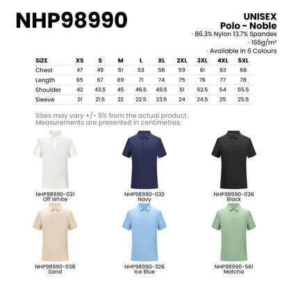 NHP98990 size chart from XS to 5XL with chest, length, shoulder and sleeve measurements in centimetres, plus all 6 colours