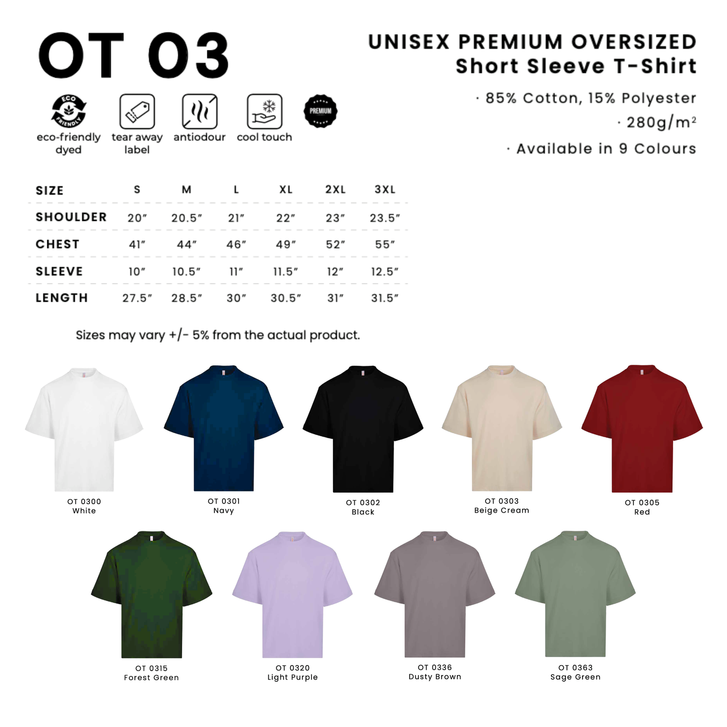 OT03 premium oversized t-shirt size chart S–3XL with shoulder, chest, sleeve and length measurements