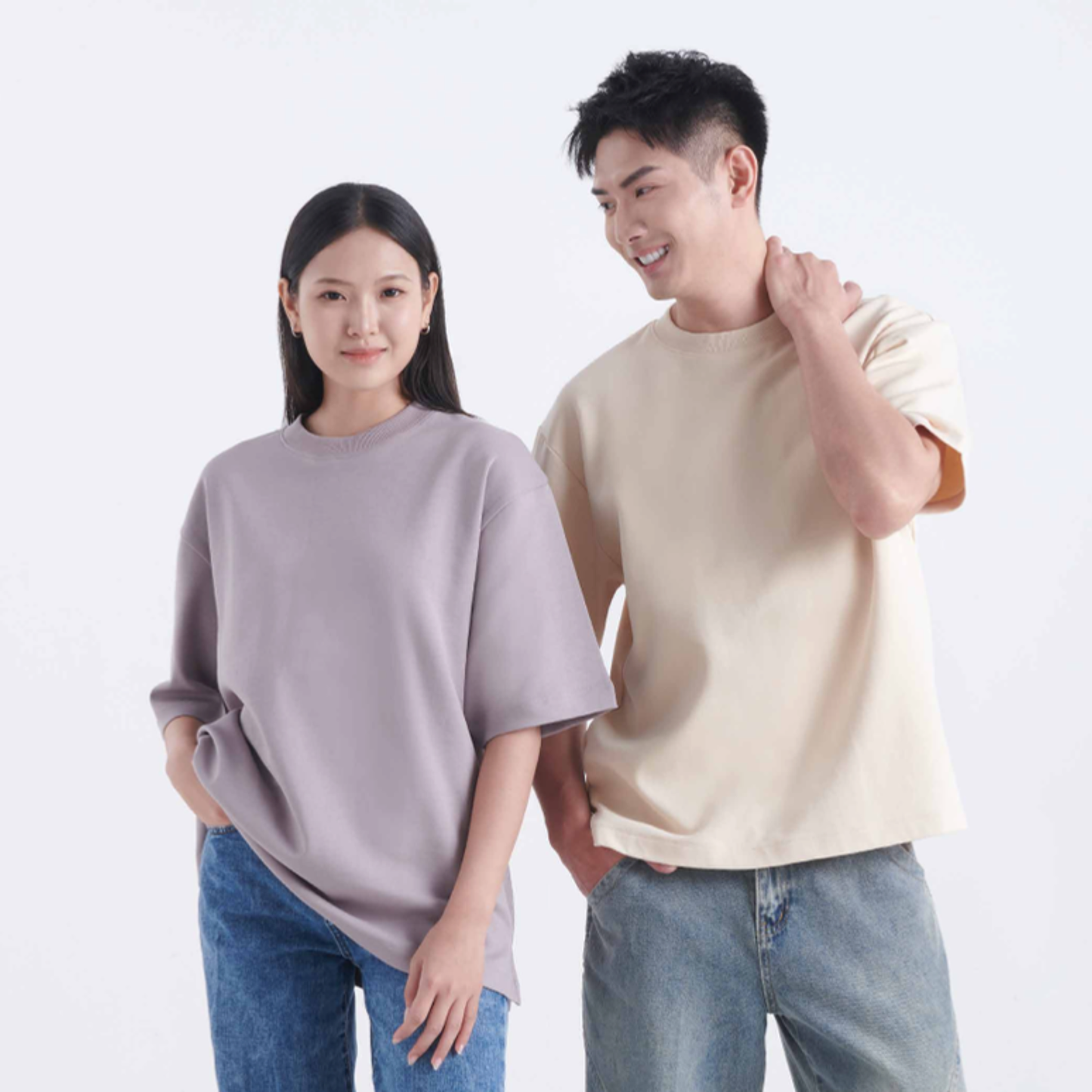Premium oversized t-shirt 280gsm unisex (Oren OT03) worn by man and woman – custom logo printing & embroidery Malaysia