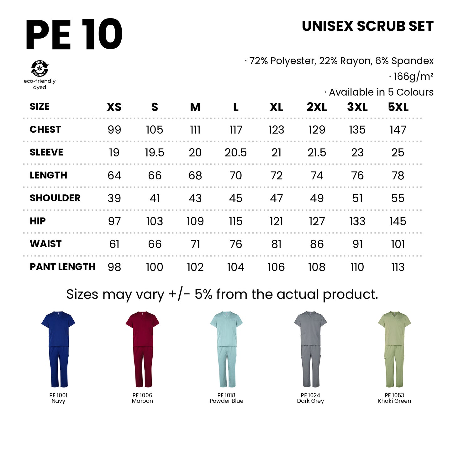 PE10 size chart from XS to 5XL with measurements