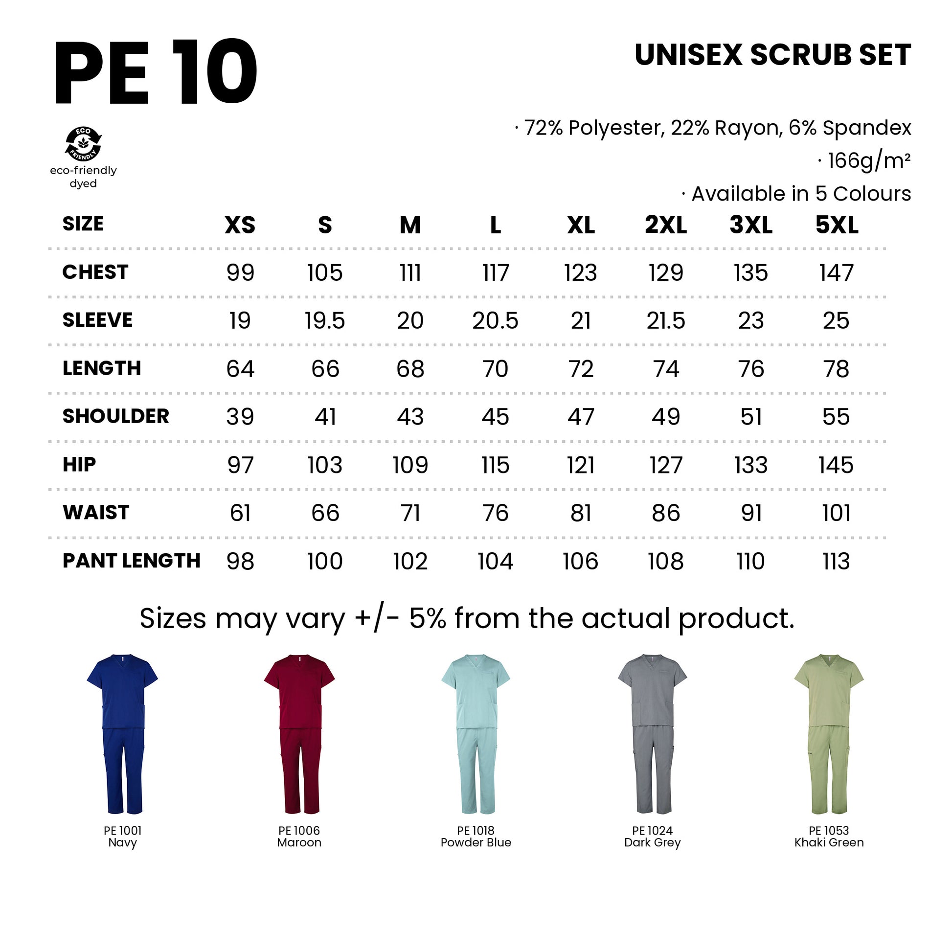 PE10 size chart from XS to 5XL with measurements