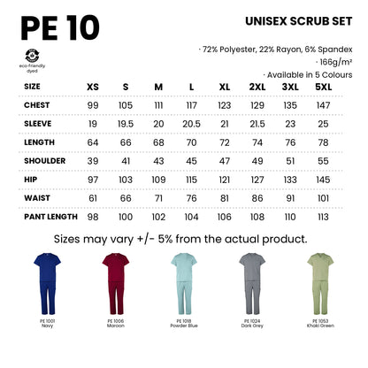 PE10 size chart from XS to 5XL with measurements