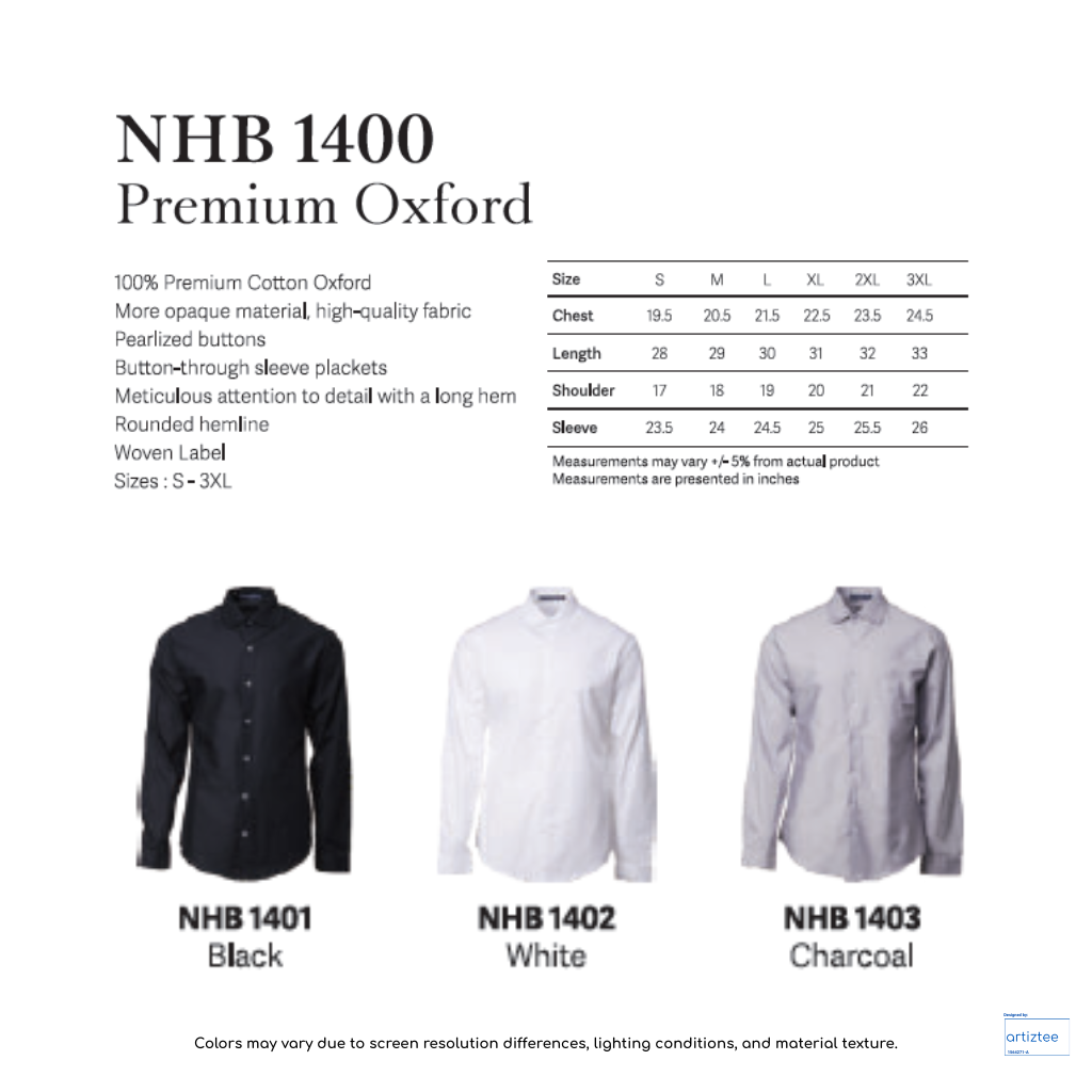 Premium Oxford Shirt Unisex 160gsm NHB1400 Artiztee Collection Size Chart