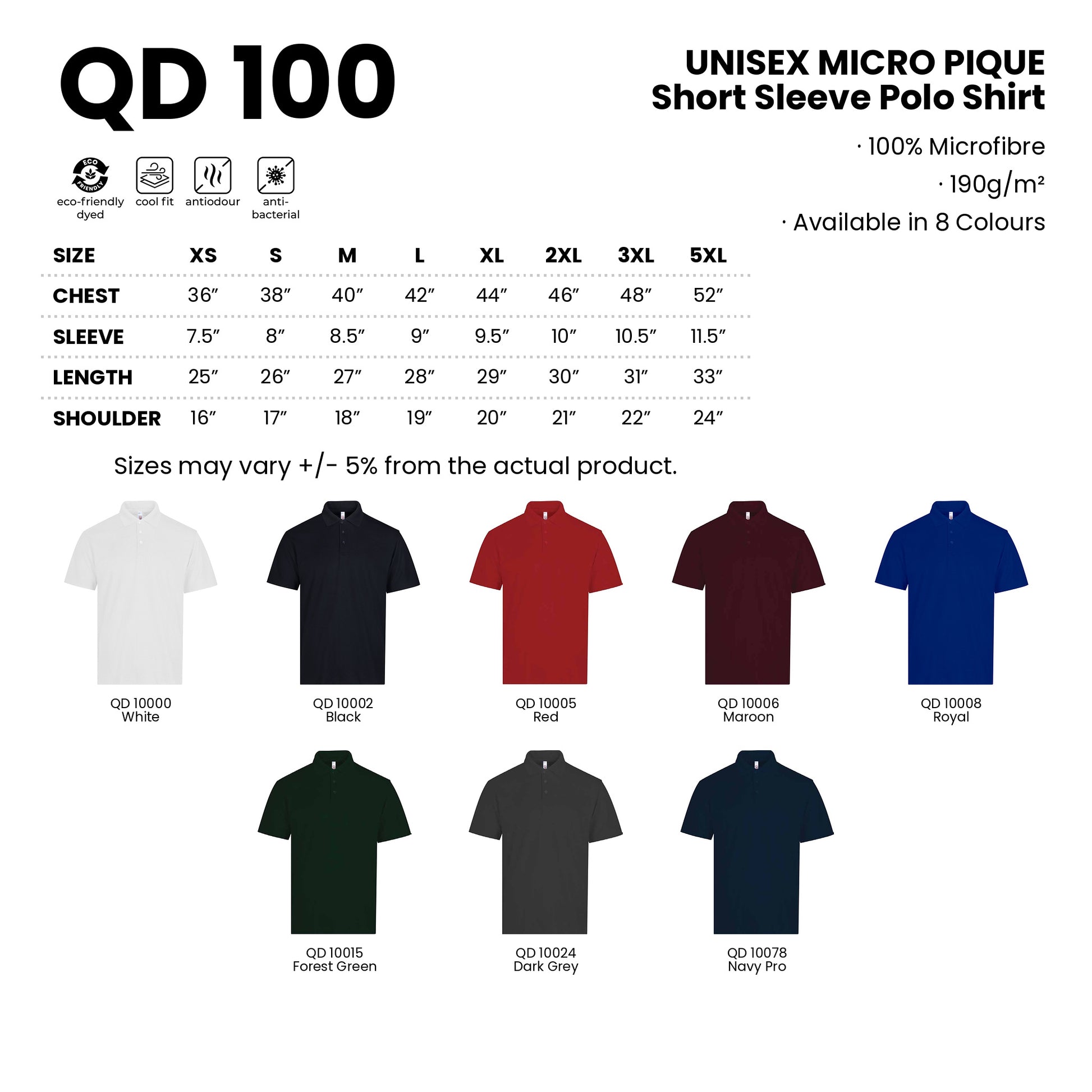 QD100 size chart from XS to 5XL with measurements