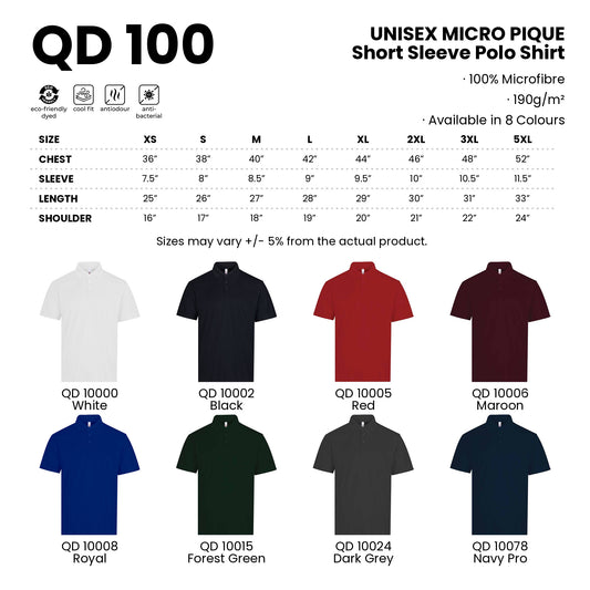 QD100 size chart and all 8 colours with codes and names