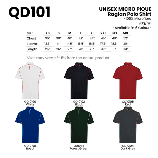 QD101 size chart from XS to 5XL with chest, sleeve and length measurements, plus all 6 colours with codes and names