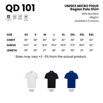QD101 size chart from XS to 5XL with measurements