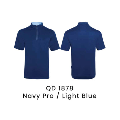 QD 1878 Navy Pro / Light Blue - QD18 unisex microfibre half-zip mock neck shirt shown front and back with a light blue zip placket