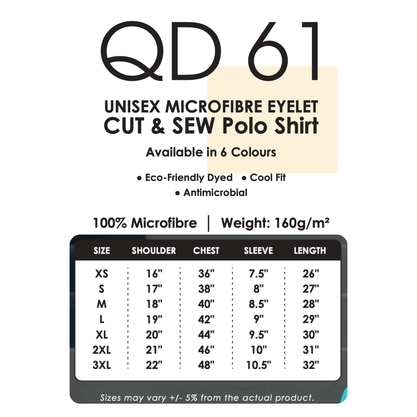 Polo | Cut & Sew | Microfibre Eyelet | Unisex | 160gsm | Size Chart | QD61