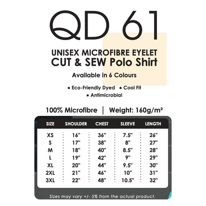 Polo | Cut & Sew | Microfibre Eyelet | Unisex | 160gsm | Size Chart | QD61