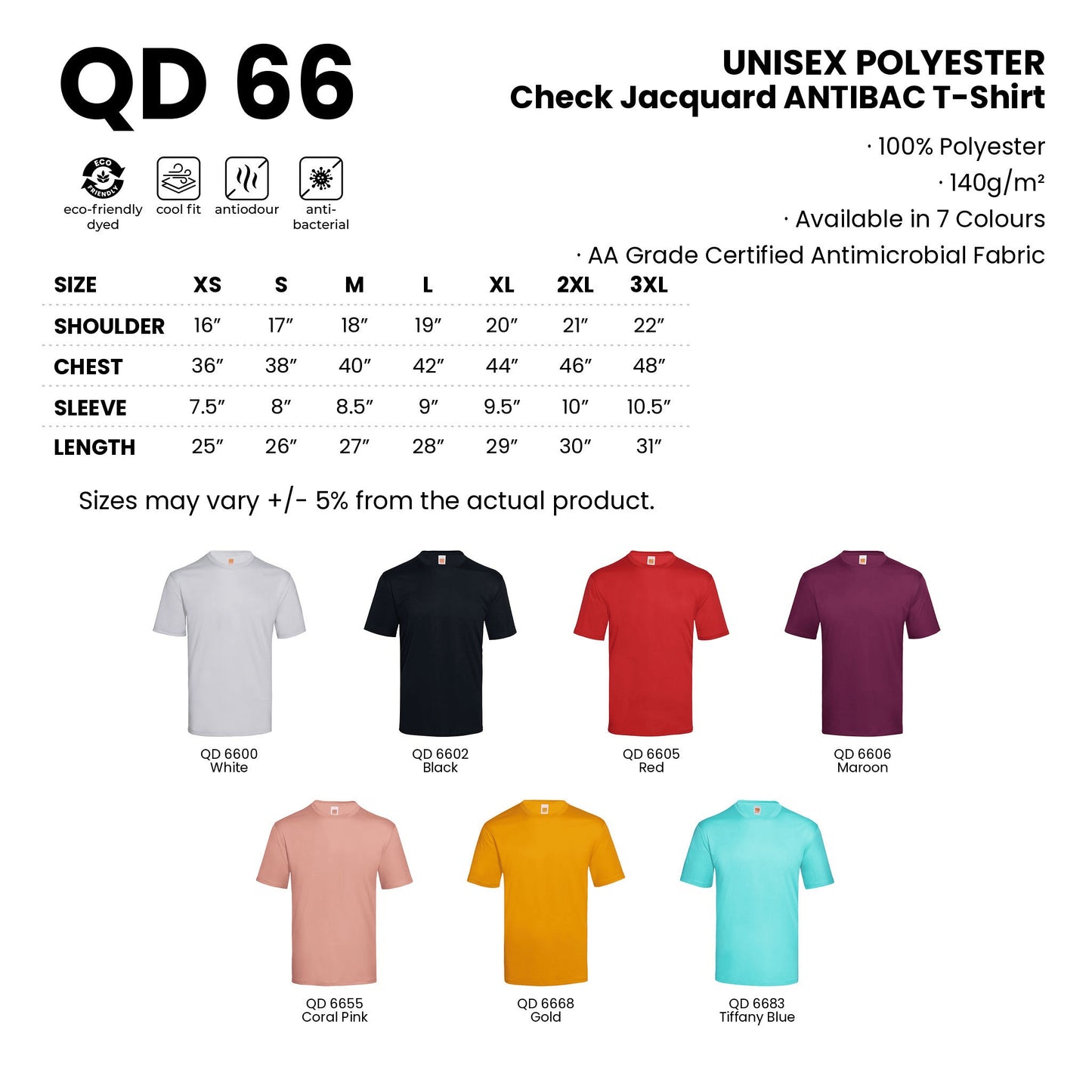 QD66 size chart from XS to 3XL with shoulder, chest, sleeve and length measurements, AA Grade certified antimicrobial fabric, plus all 7 available colours in 100% polyester 140gsm