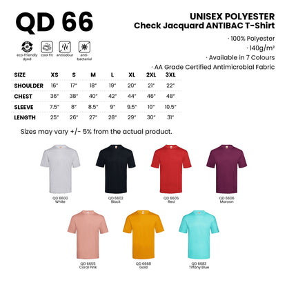 QD66 size chart from XS to 3XL with shoulder, chest, sleeve and length measurements, AA Grade certified antimicrobial fabric, plus all 7 available colours in 100% polyester 140gsm