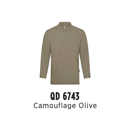 Custom Polo Long Sleeve - Unisex Microfibre Eyelet Long Sleeve Polo Shirt | Plain | Camouflage Olive | QD6743