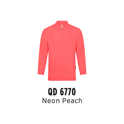 Custom Polo Long Sleeve - Unisex Microfibre Eyelet Long Sleeve Polo Shirt | Plain | Neon Peach | QD6770