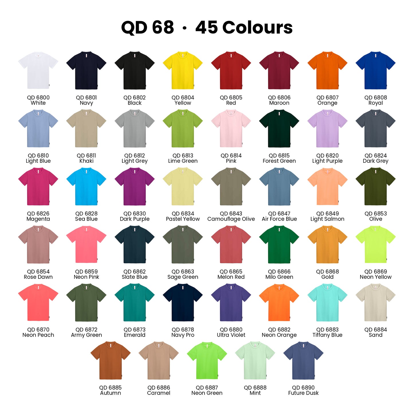 QD68 colour chart - all 45 kids microfibre eyelet t-shirt colours with codes and names