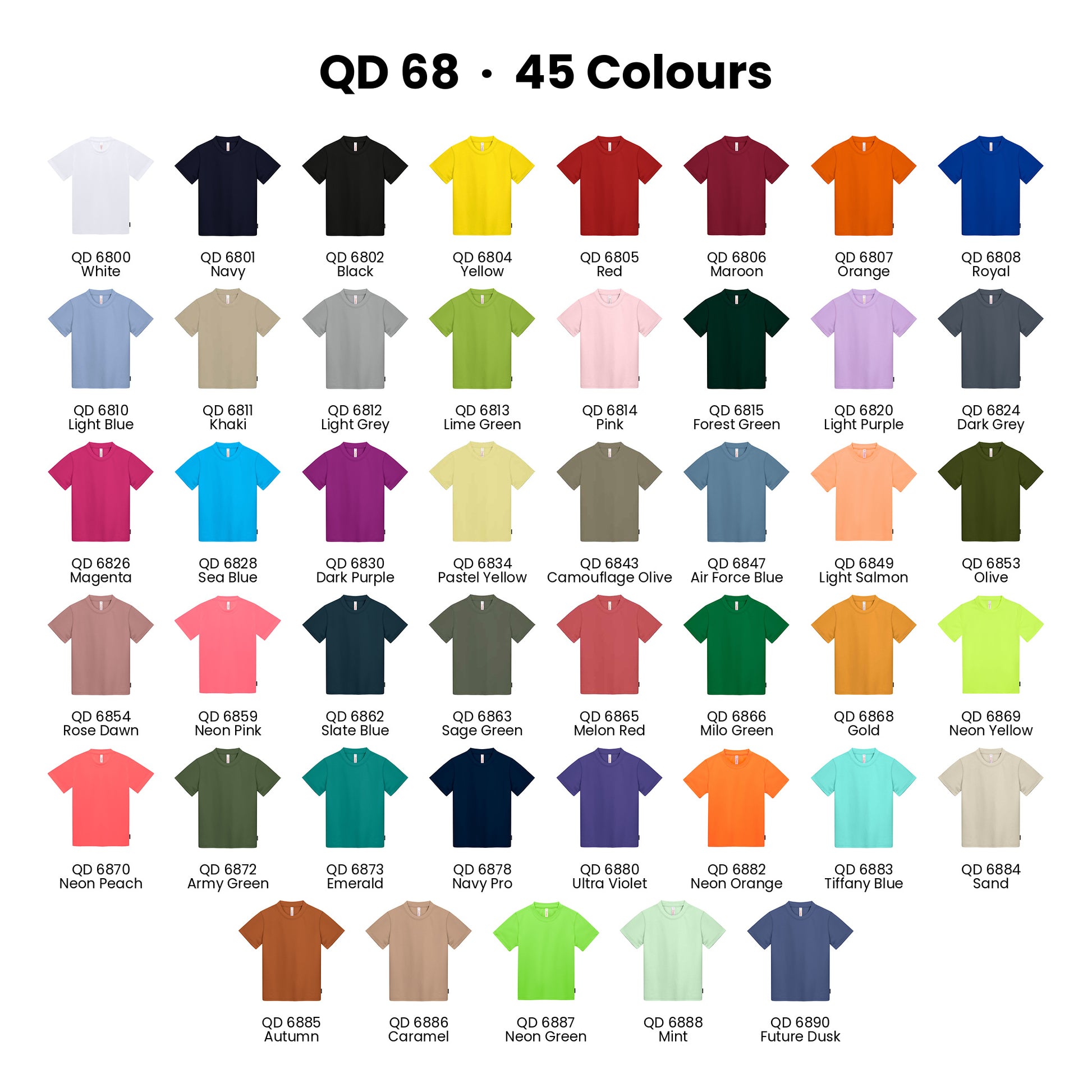 QD68 colour chart - all 45 kids microfibre eyelet t-shirt colours with codes and names