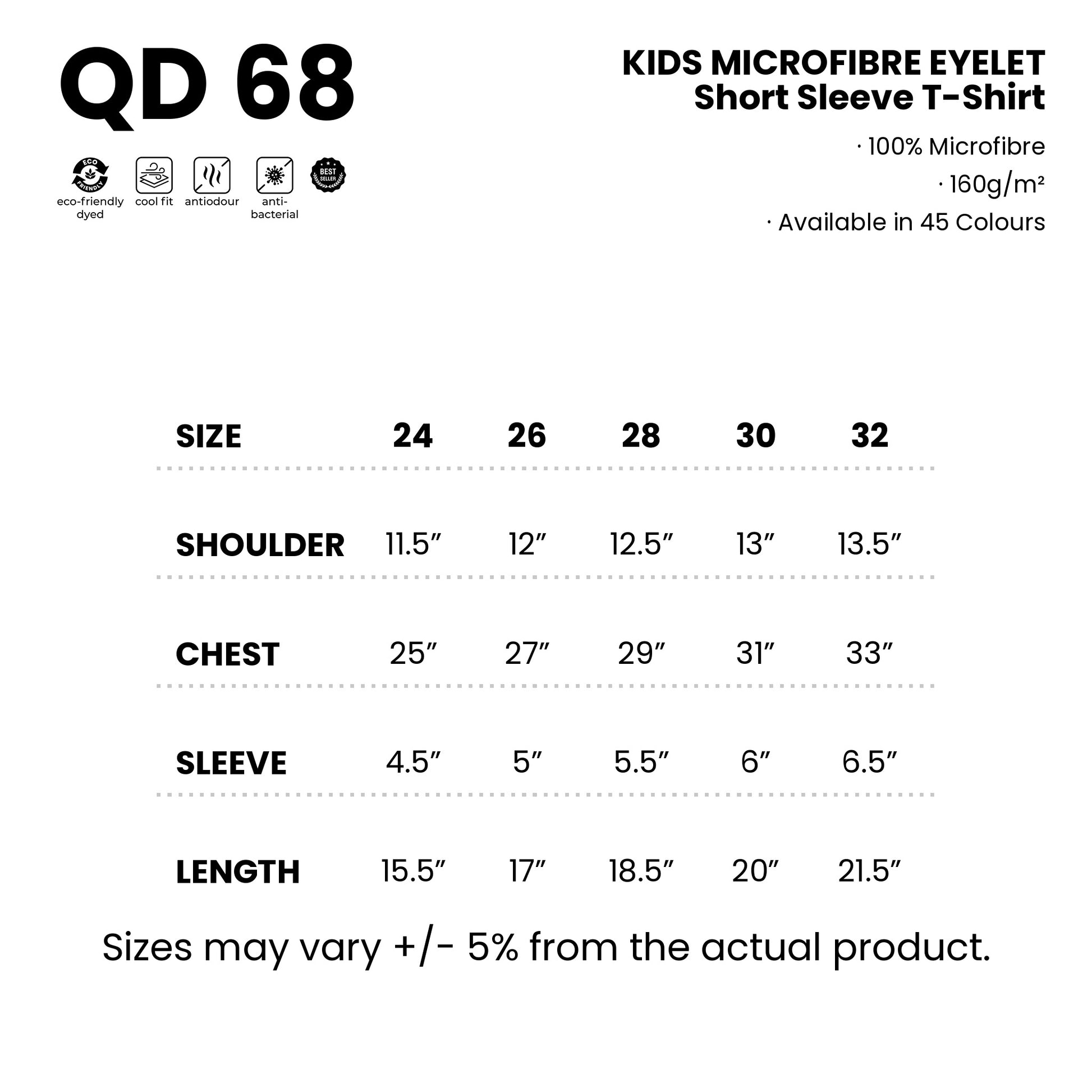QD68 size chart from 24 to 32 with shoulder, chest, sleeve and length measurements