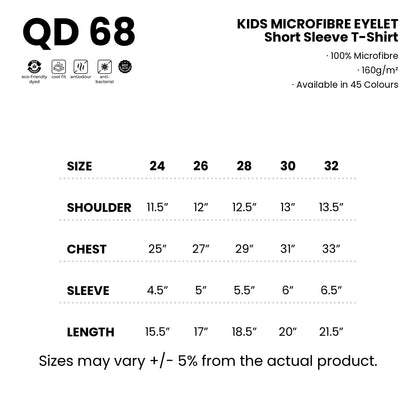 QD68 size chart from 24 to 32 with shoulder, chest, sleeve and length measurements