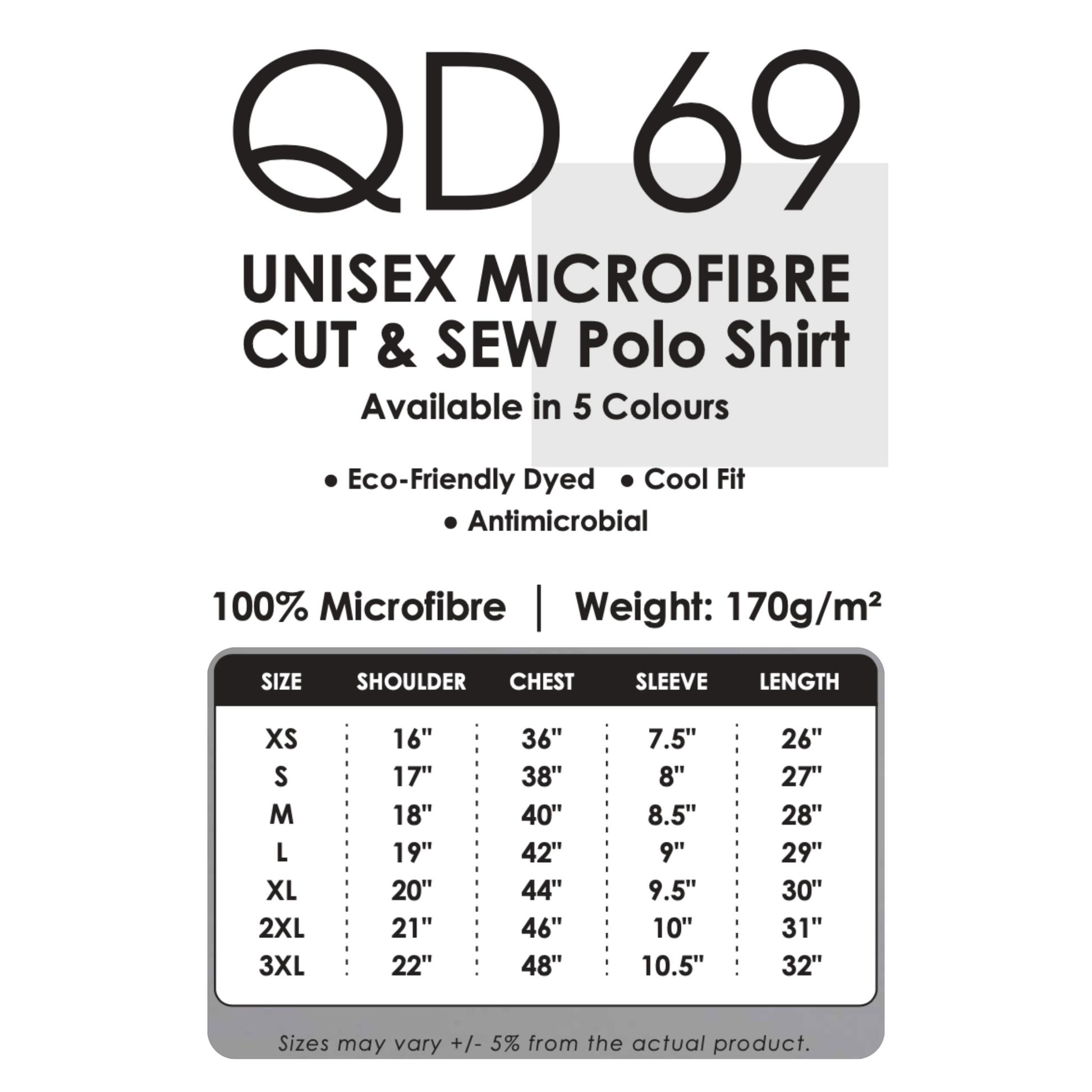 Polo | Microfibre | Cut & Sew | Unisex | 170gsm | Size Chart| QD69