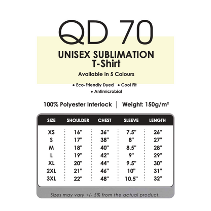 T-Shirt - Sublimation | Polyester Interlock | Unisex | QD70