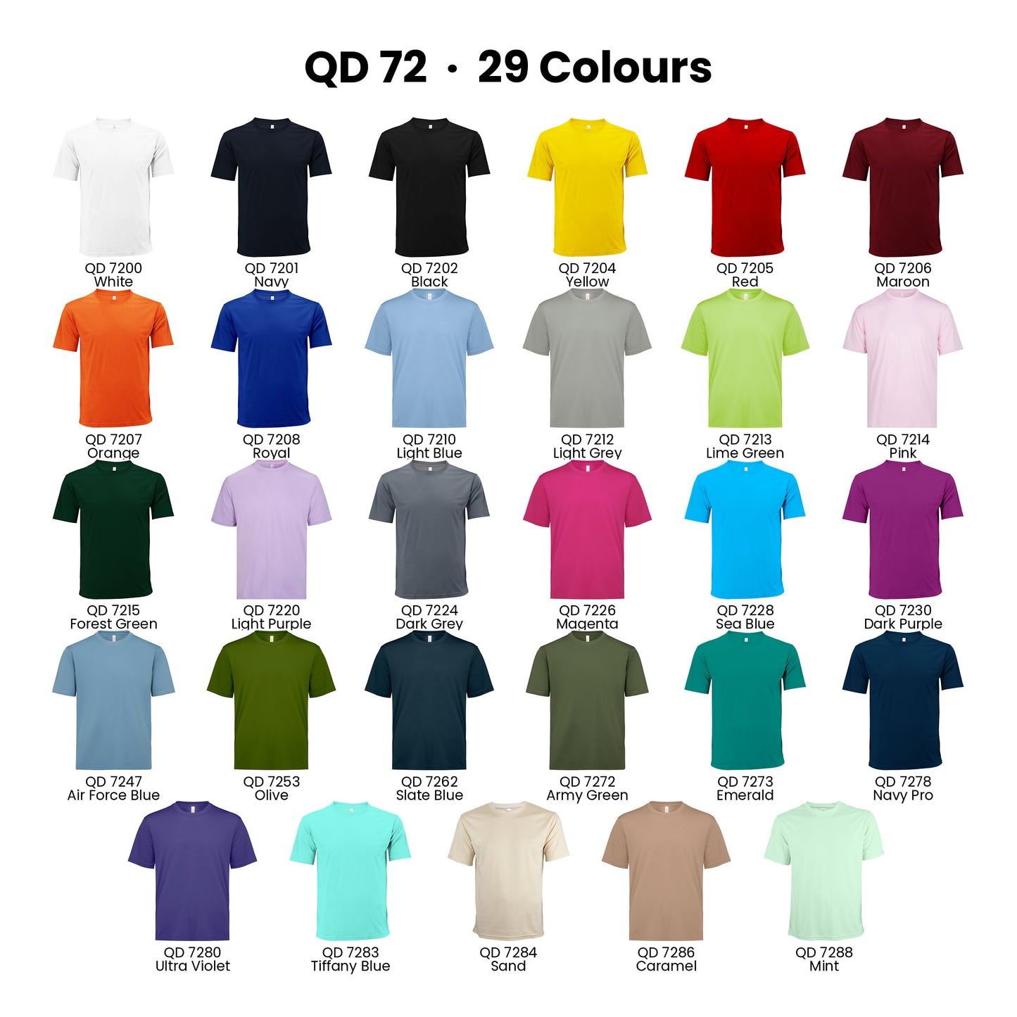 QD72 colour chart - all 29 t-shirt colours with codes and names
