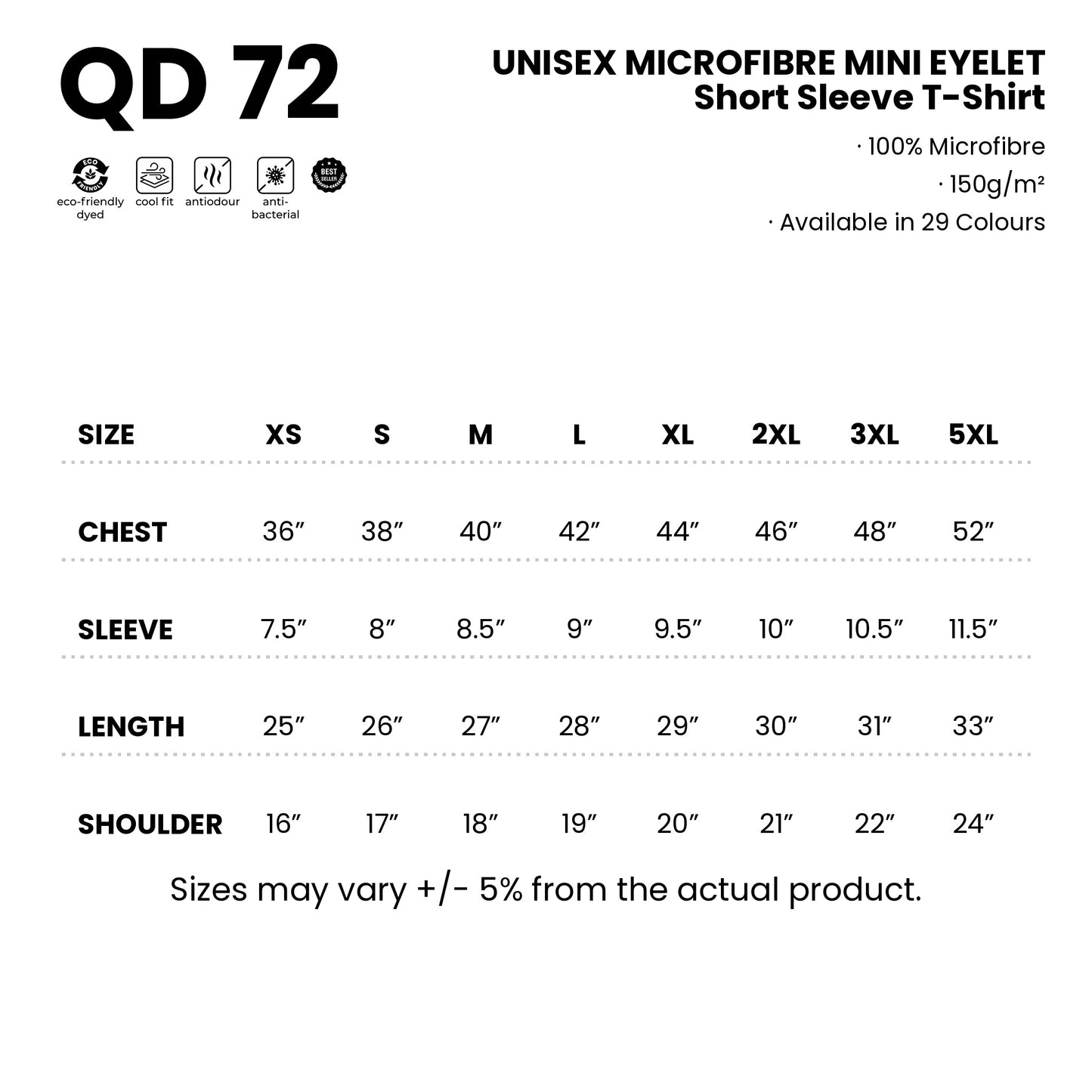 QD72 size chart from XS to 5XL with measurements
