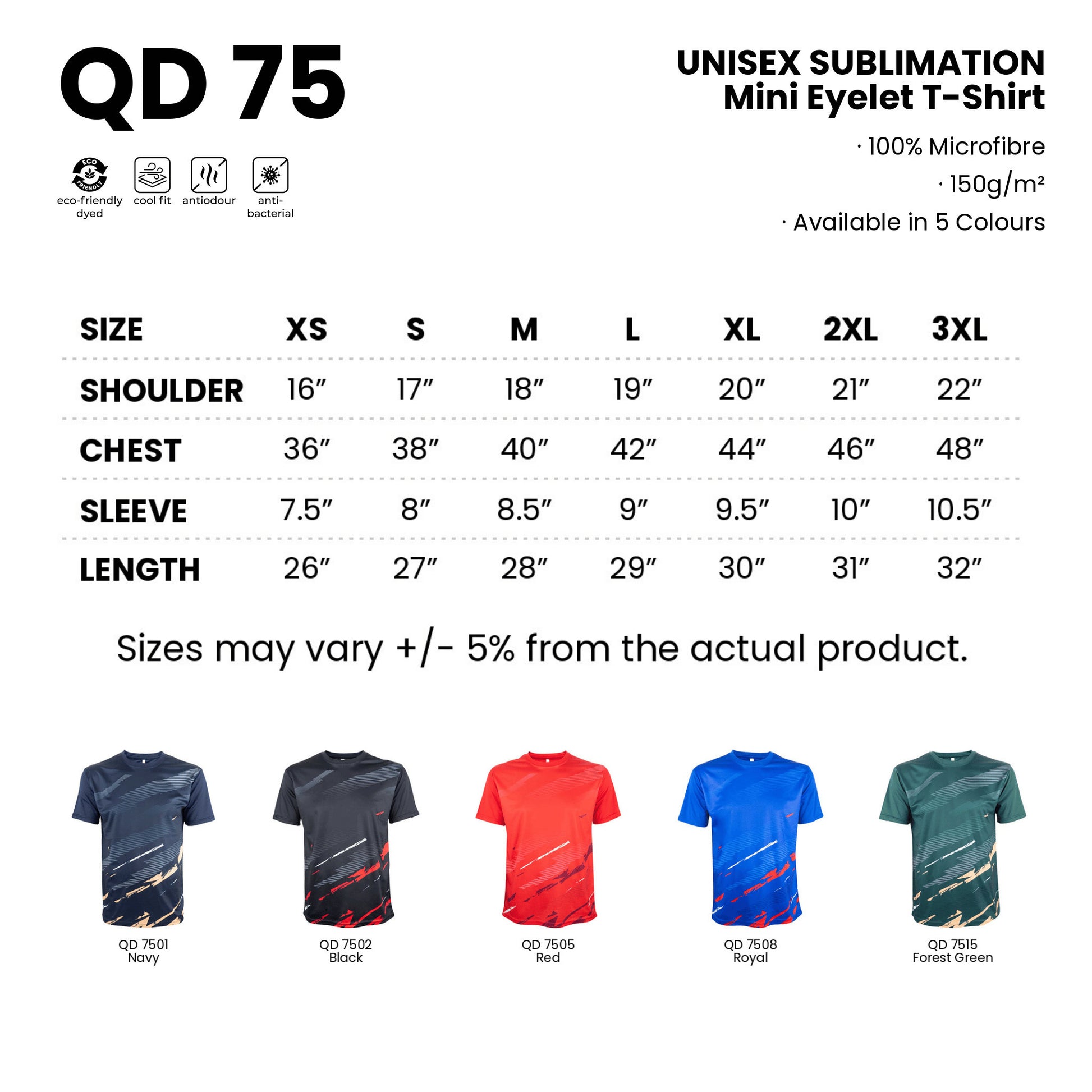 QD75 size chart from XS to 3XL with shoulder, chest, sleeve and length measurements, plus all 5 available colours in 100% microfibre 150gsm