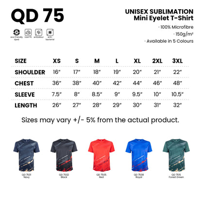 QD75 size chart from XS to 3XL with shoulder, chest, sleeve and length measurements, plus all 5 available colours in 100% microfibre 150gsm