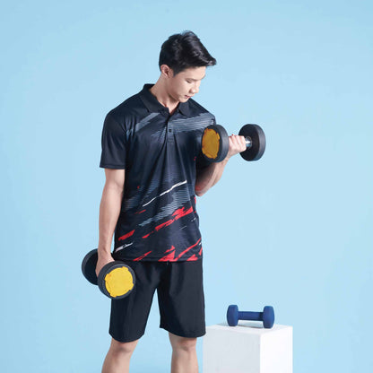 Model wearing the QD76 unisex sublimation mini eyelet polo shirt, showing the all-over printed design