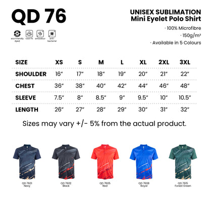 QD76 size chart from XS to 3XL with shoulder, chest, sleeve and length measurements, plus all 5 available colours in 100% microfibre 150gsm