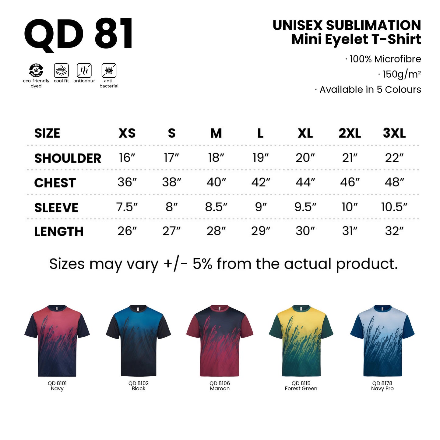 QD81 size chart from XS to 3XL with shoulder, chest, sleeve and length measurements, plus all 5 available colours in 100% microfibre 150gsm