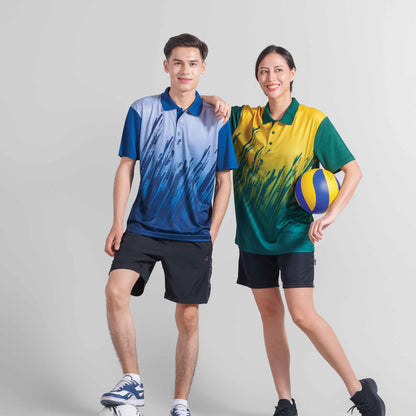 Models wearing the QD82 unisex sublimation mini eyelet polo shirt, showing the all-over printed design
