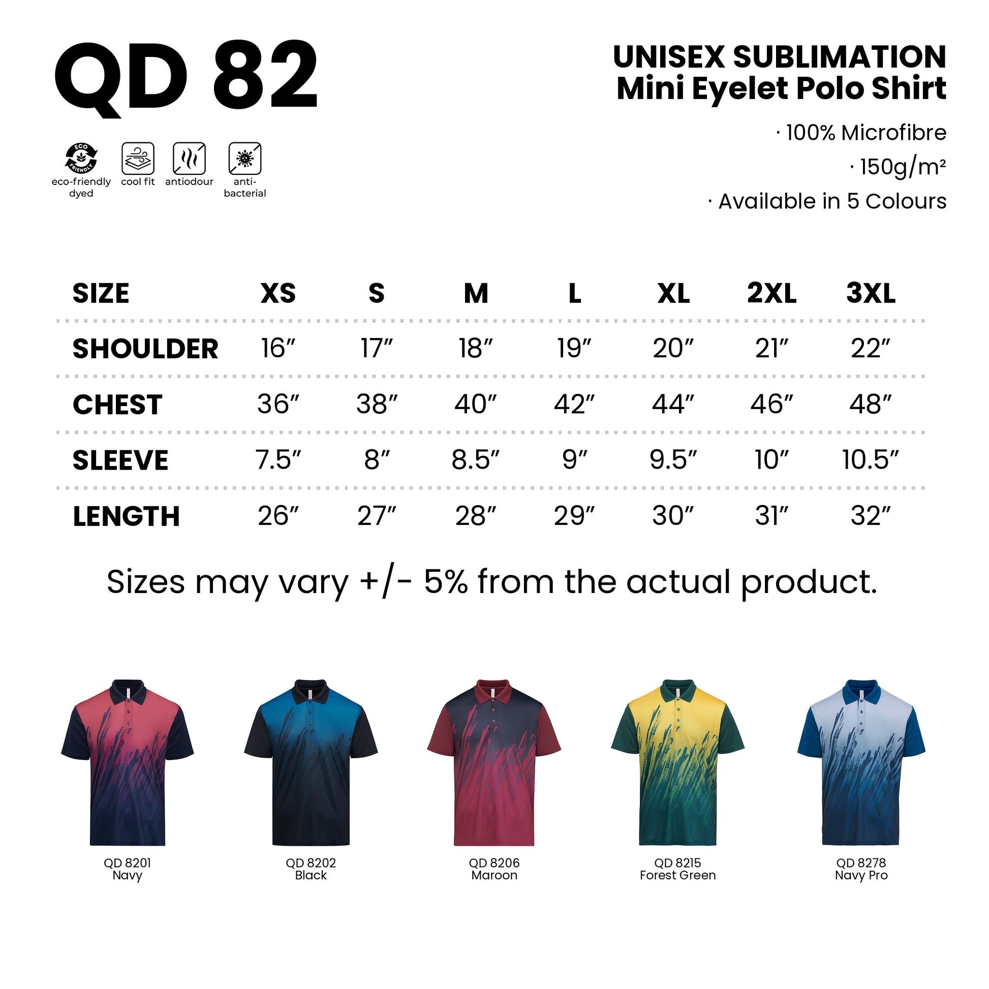 QD82 size chart from XS to 3XL with shoulder, chest, sleeve and length measurements, plus all 5 available colours in 100% microfibre 150gsm