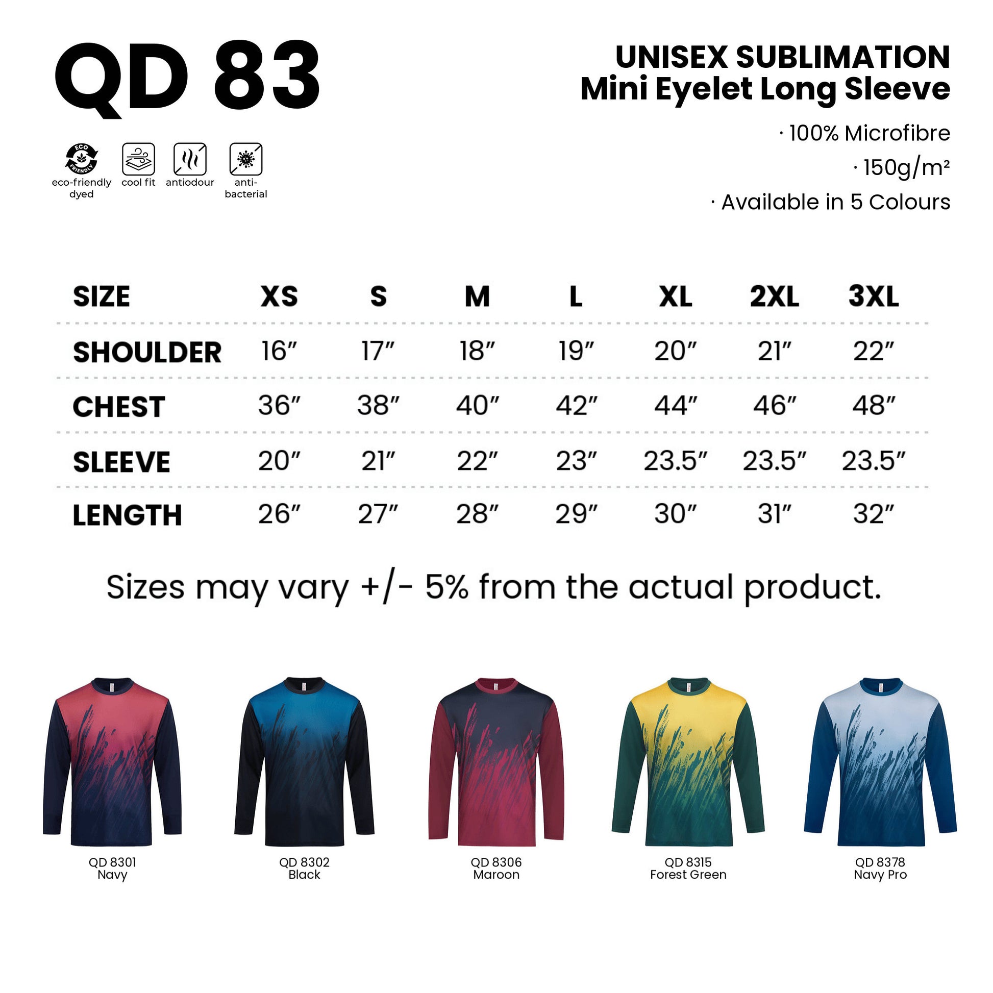 QD83 size chart from XS to 3XL with shoulder, chest, sleeve and length measurements, plus all 5 available colours in 100% microfibre 150gsm