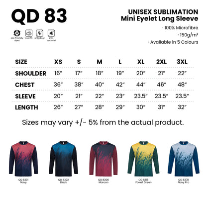 QD83 size chart from XS to 3XL with shoulder, chest, sleeve and length measurements, plus all 5 available colours in 100% microfibre 150gsm