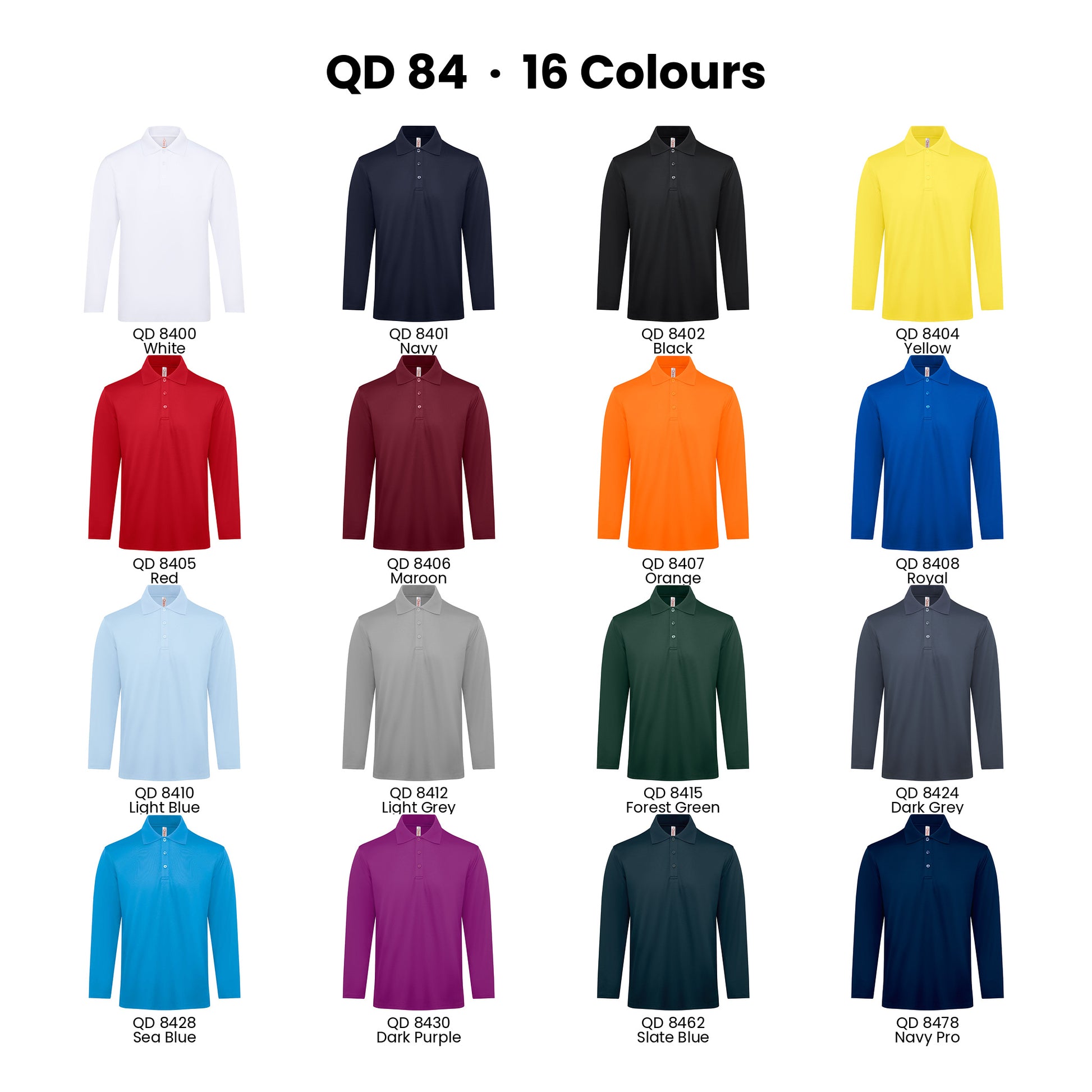 QD84 colour chart - all 16 long sleeve polo shirt colours with codes and names