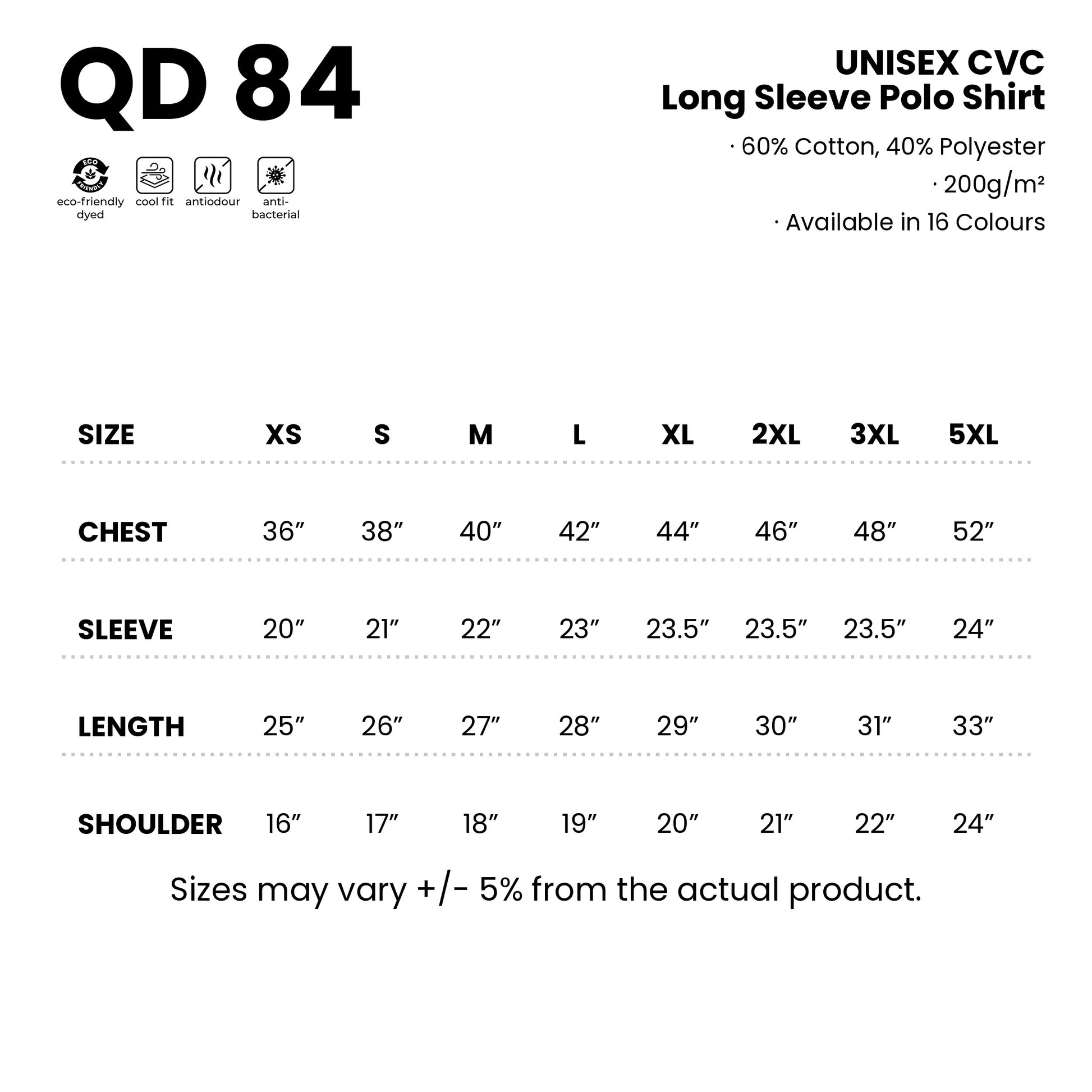 QD84 size chart from XS to 5XL with measurements