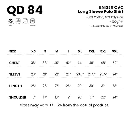 QD84 size chart from XS to 5XL with measurements