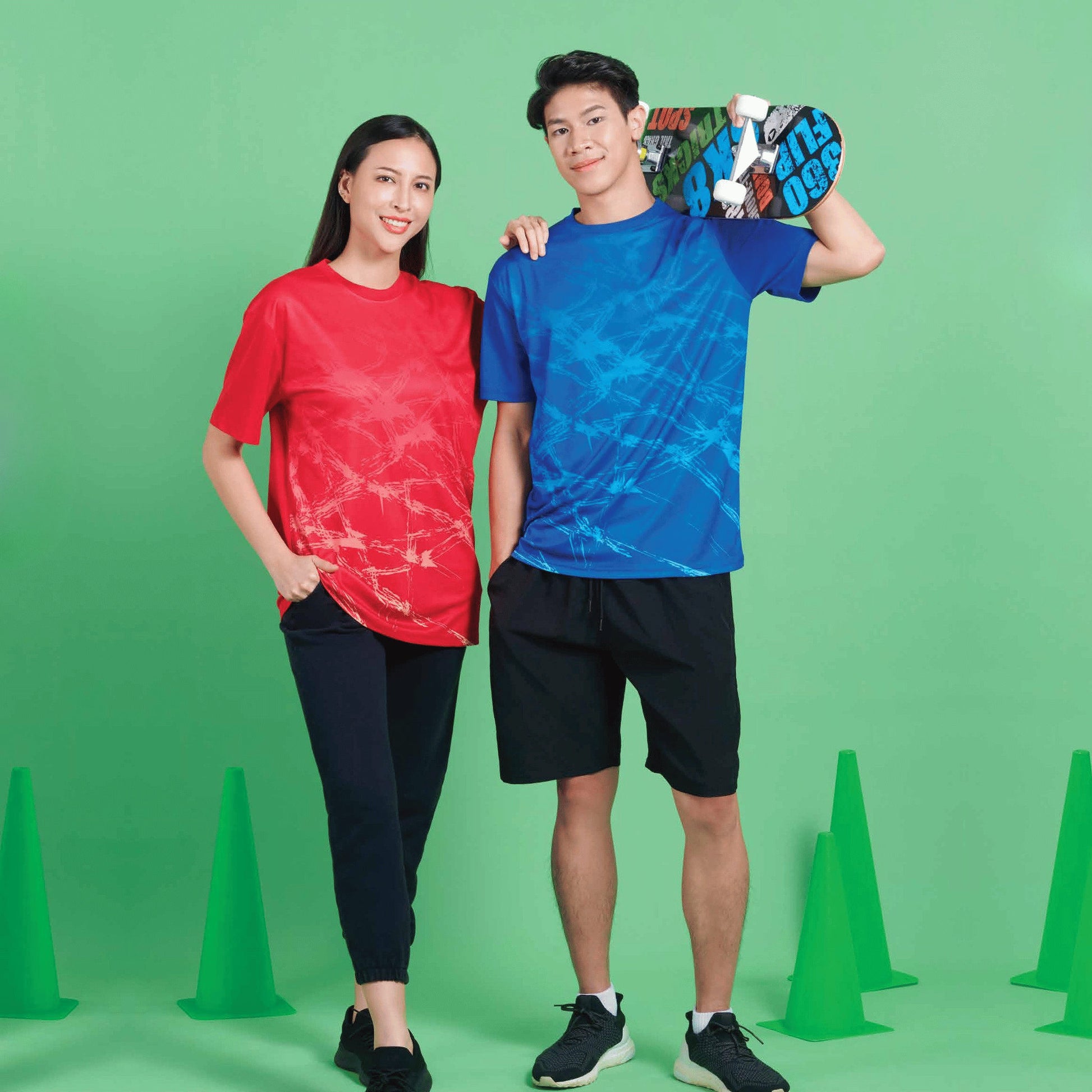 Model wearing the QD85 unisex sublimation mini eyelet t-shirt, showing the all-over printed design