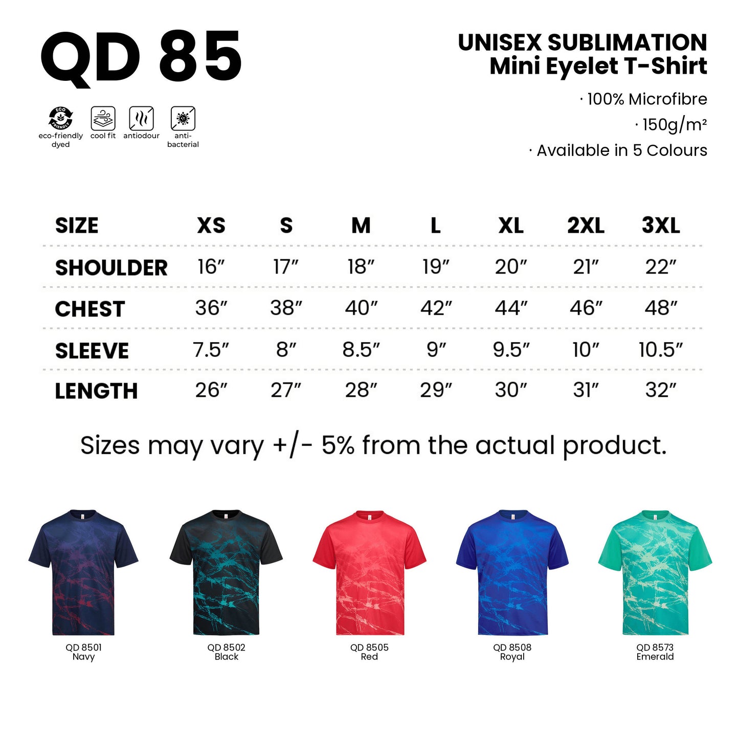 QD85 size chart from XS to 3XL with shoulder, chest, sleeve and length measurements, plus all 5 available colours in 100% microfibre 150gsm