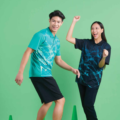 Models wearing the QD86 unisex sublimation mini eyelet polo shirt, showing the all-over printed design