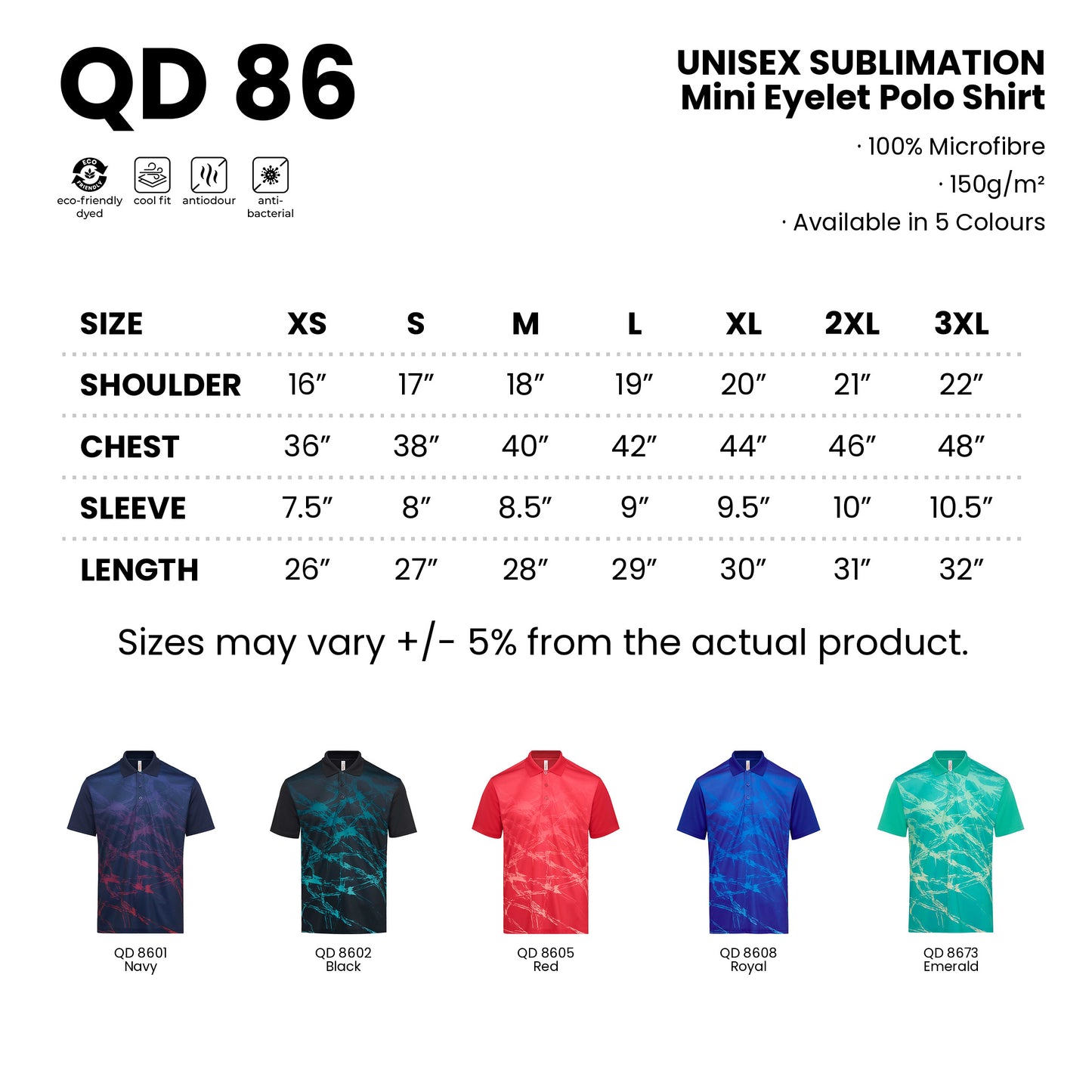 QD86 size chart from XS to 3XL with shoulder, chest, sleeve and length measurements, plus all 5 available colours in 100% microfibre 150gsm