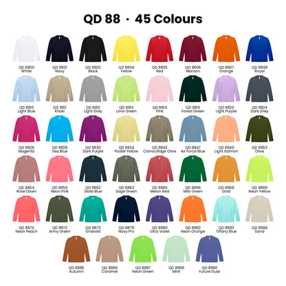 QD88 colour chart - all 45 kids microfibre eyelet long sleeve t-shirt colours with codes and names