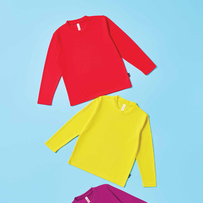 QD88 kids microfibre eyelet long sleeve t-shirt flat lay in bright colours