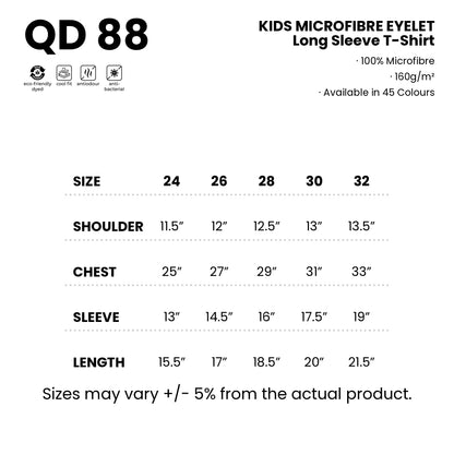 QD88 size chart from 24 to 32 with shoulder, chest, sleeve and length measurements
