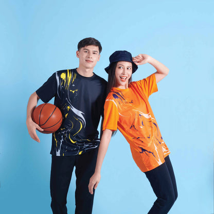 Model wearing the QD89 unisex sublimation mini eyelet t-shirt, showing the all-over printed design
